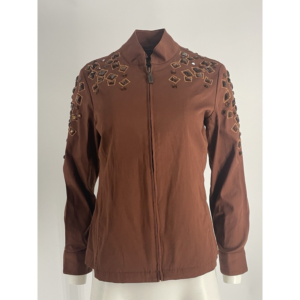 Bob Mackie Wearable Art Women's Jacket Brown Zip Up Rhinestones Bling Size XS‎